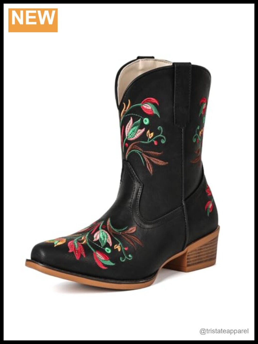 Fioralie Women's Western Cowboy Ankle Boots Floral Embroidered Faux Leather
